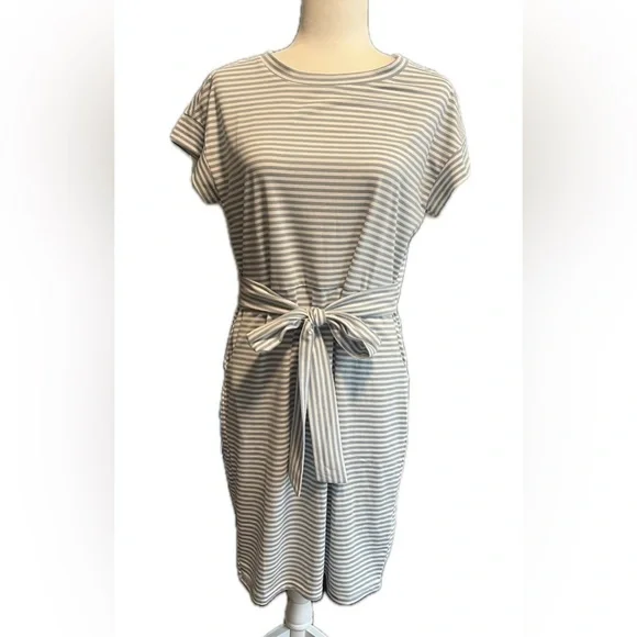 Merokeety blue and white tie waist striped short sleeve dress with pockets M - Picture 2 of 10